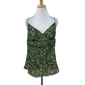 J Crew Silk Tank Top Womens 12 Green Camo Surplice V Neck Thin Straps Lined Cami